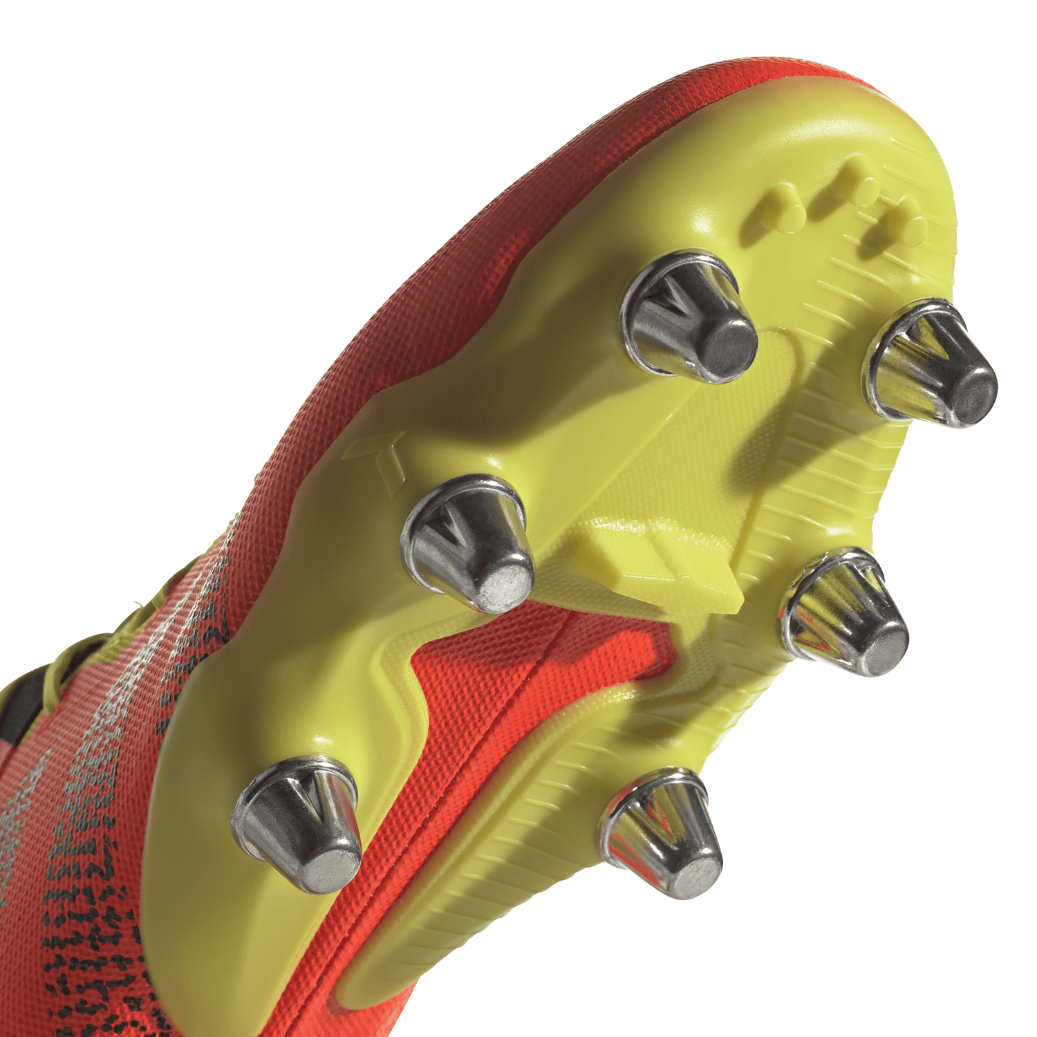 A close up of an adidas Kakari Z.0 SG - Solar Red soccer shoe with spikes.