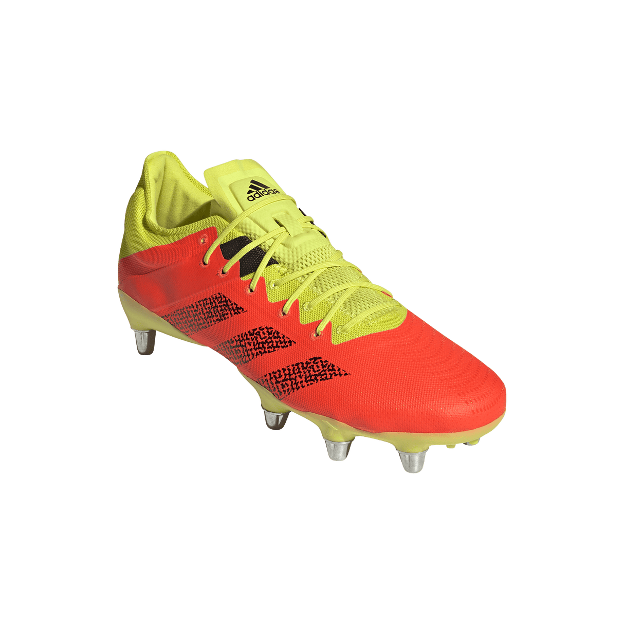 An adidas Kakari Z.0 SG - Solar Red soccer shoe on a green background.