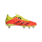 An adidas Kakari Z.0 SG - Solar Red soccer shoe on a green background.