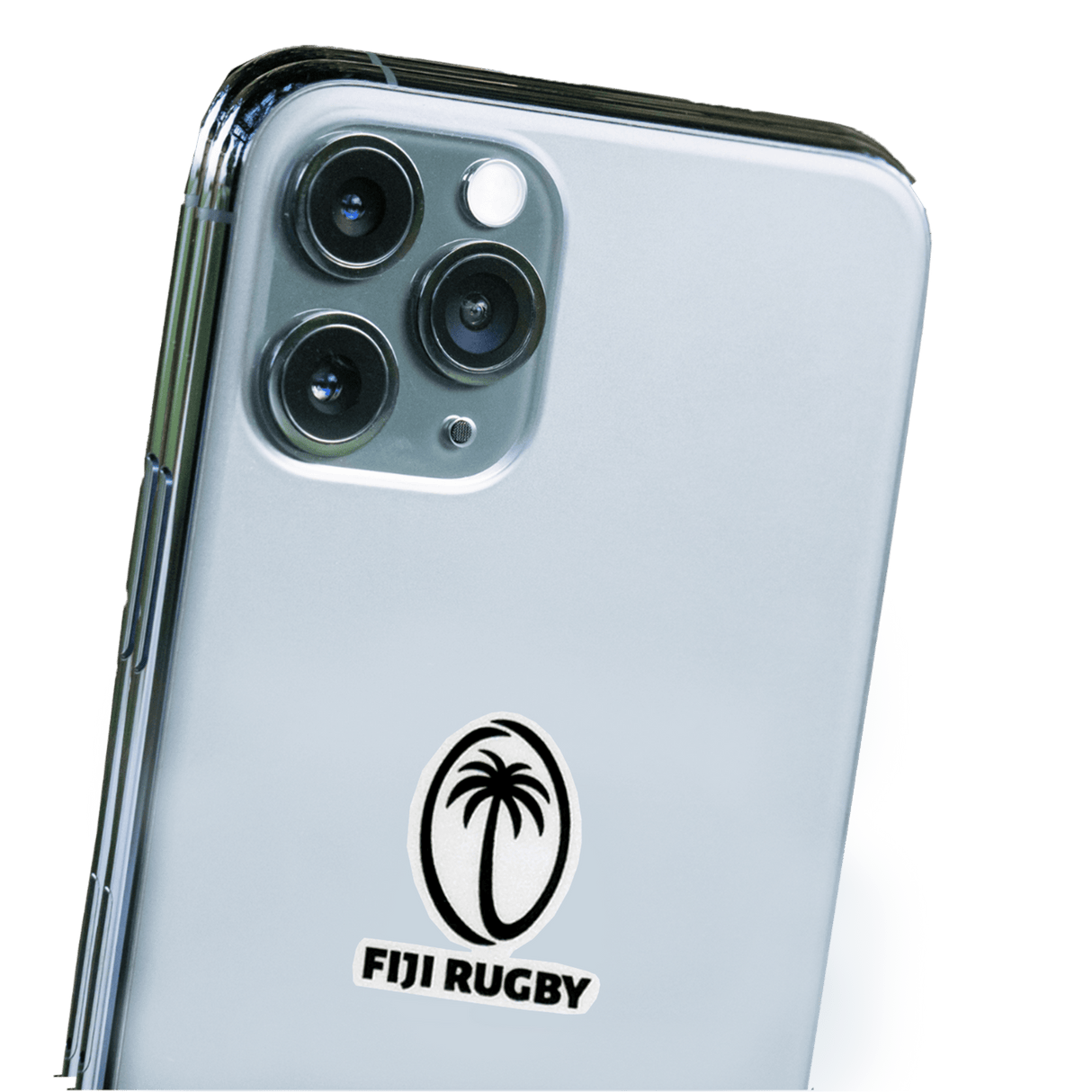a white phone with a World Rugby Shop Fiji Rugby Sticker Sheet - 24 Stickers of a palm tree.