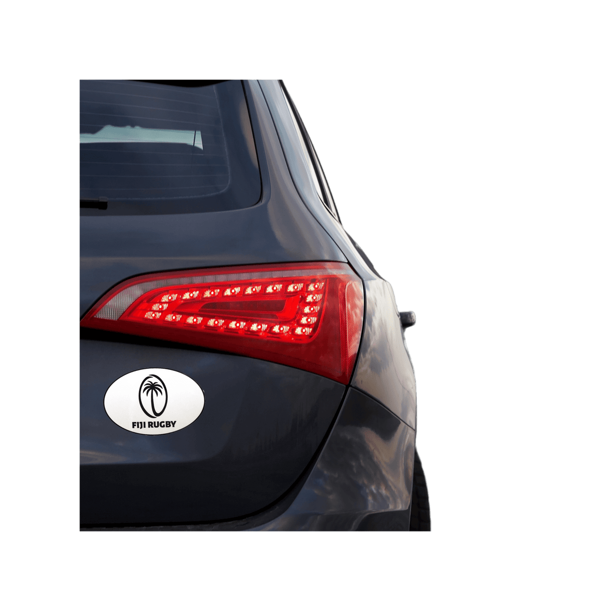 A close up of the World Rugby Shop Fiji Rugby Sticker Sheet - 24 Stickers on the tail light of a car.