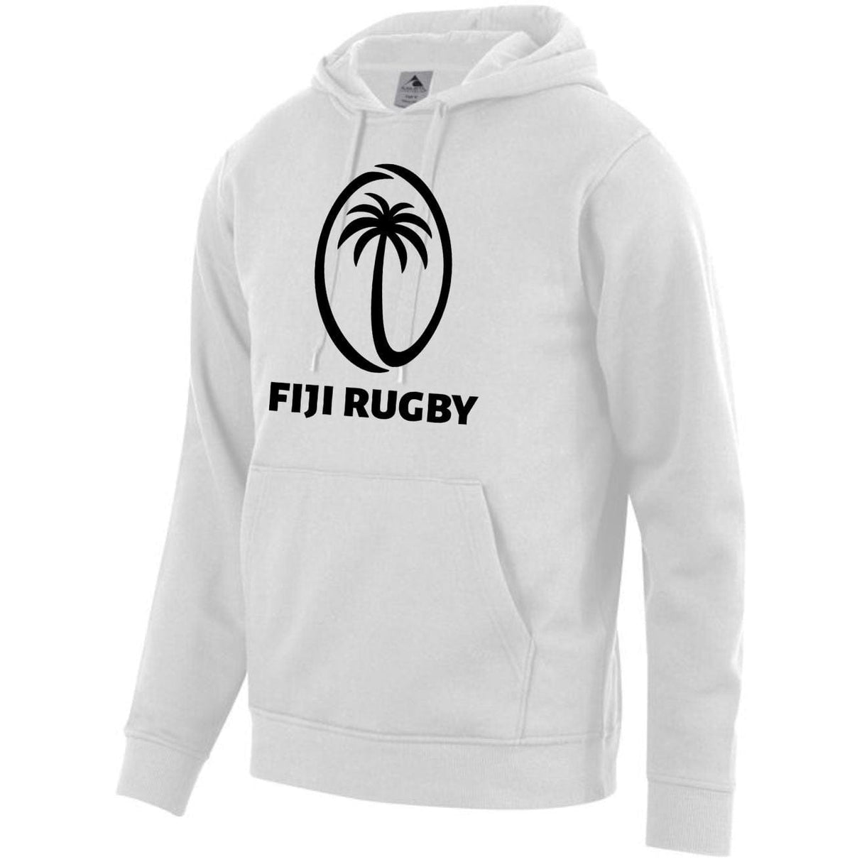 White hoodie with kangaroo pocket and large, black Fiji Rugby logo on front.