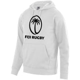 White hoodie with kangaroo pocket and large, black Fiji Rugby logo on front.