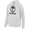 White hoodie with kangaroo pocket and large, black Fiji Rugby logo on front.