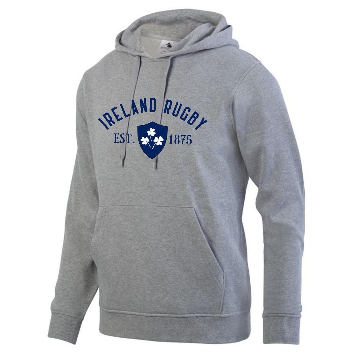 Grey hoodie with navy Ireland Rugby EST 1875 design with a shamrock crest center front.