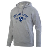 Grey hoodie with navy Ireland Rugby EST 1875 design with a shamrock crest center front.