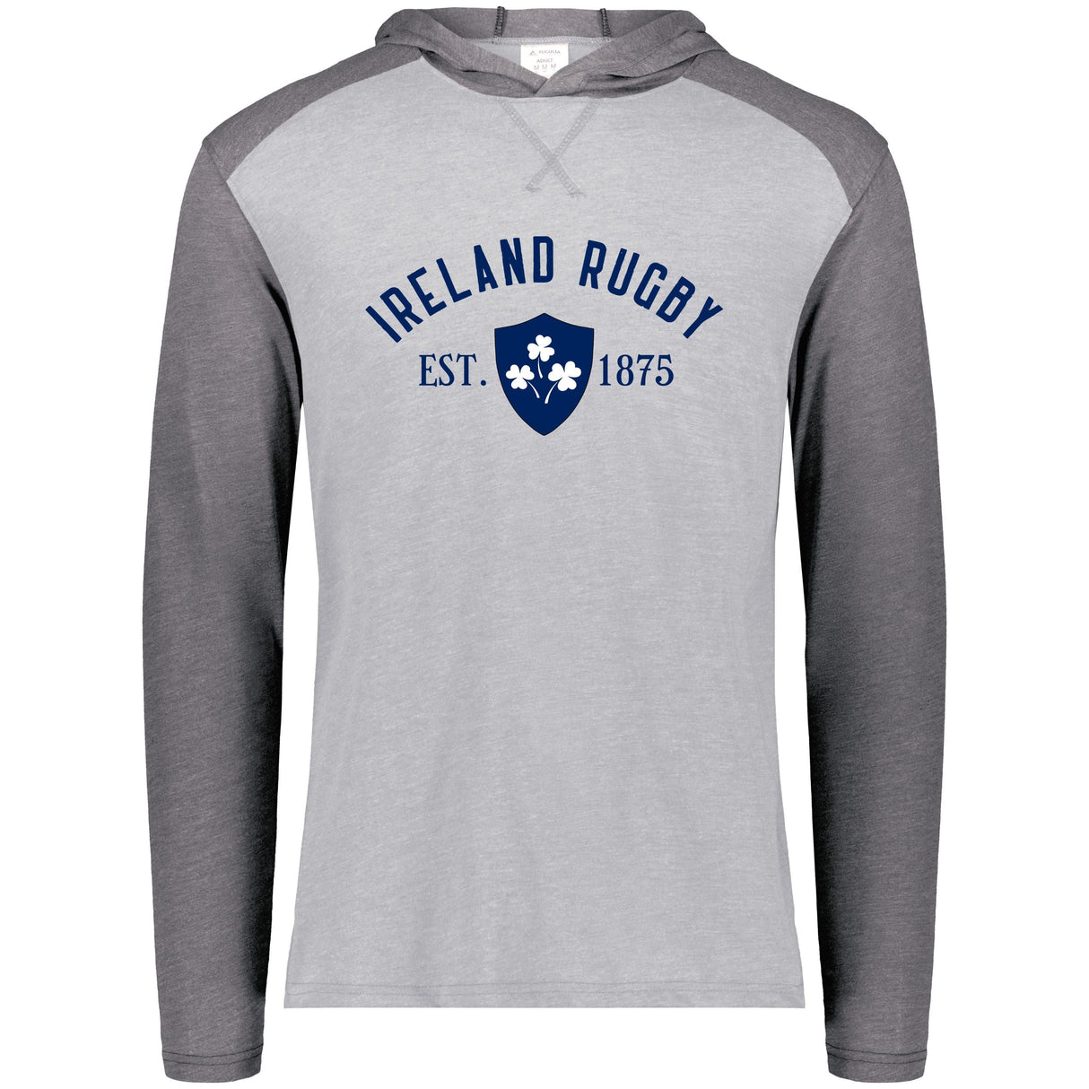 Grey and dark grey raglan t-shirt hoodie with Ireland Rugby EST 1875 navy design center front. 