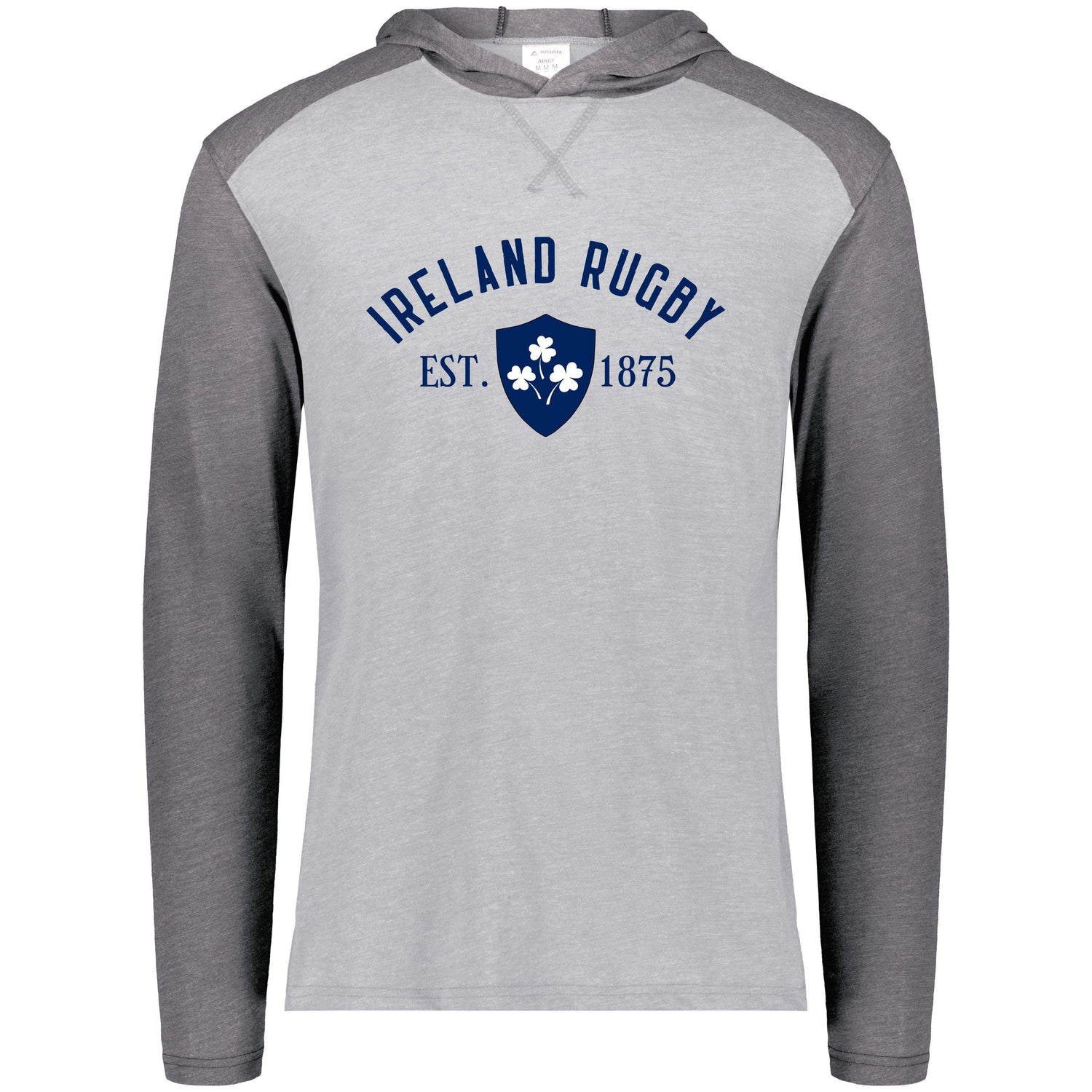 Grey and dark grey raglan t-shirt hoodie with Ireland Rugby EST 1875 navy design center front. 