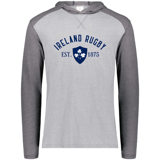 Grey and dark grey raglan t-shirt hoodie with Ireland Rugby EST 1875 navy design center front. 