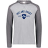 Grey and dark grey raglan t-shirt hoodie with Ireland Rugby EST 1875 navy design center front. 