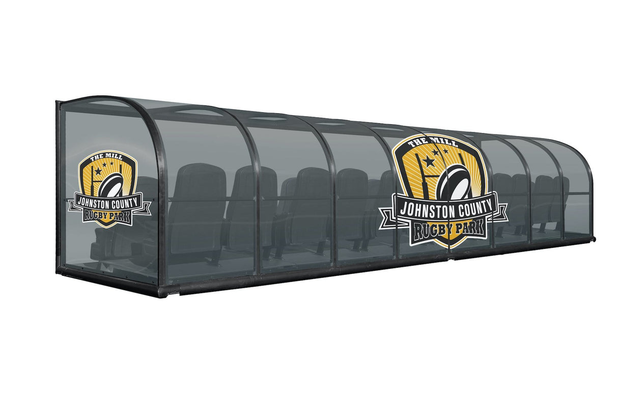 A Kwik Goal Two-Row Portable Only Rugby Shelter with seats.