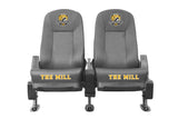 Two Kwik Goal Two-Row Portable Only Rugby Shelters with armrests and wheels, labeled "the mill" in yellow text, featuring a logo on the headrest, designed for use as luxury seating.