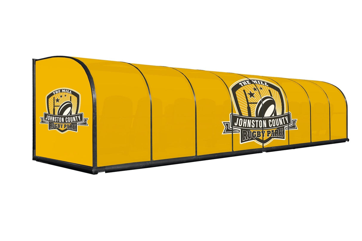 A Kwik Goal Custom Shelter w/ Bench with the Golden State Warriors on it.
