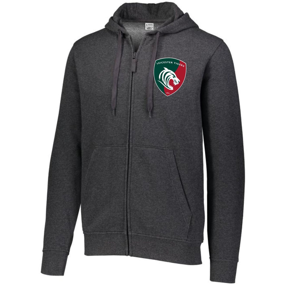 Dark grey full zip hoodie with a Leicester Tigers 1880 logo over the heart.