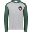 Grey and green, raglan t-shirt hoodie with a Leicester Tigers 1880 logo over the heart.