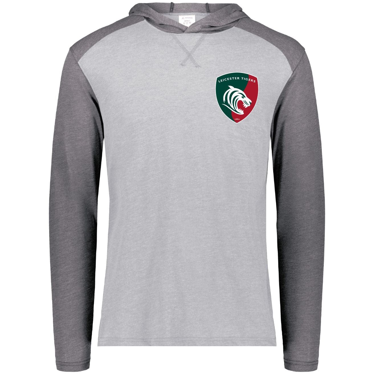 Grey and dark grey, raglan t-shirt hoodie with a Leicester Tigers 1880 logo over the heart.
