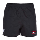 A close up of NAYRRP Canterbury Black Professional Polyester Pocketed Rugby Shorts with a white horse on it.