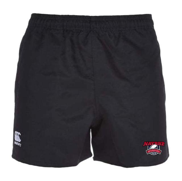 A close up of NAYRRP Canterbury Black Professional Polyester Pocketed Rugby Shorts with a white horse on it.