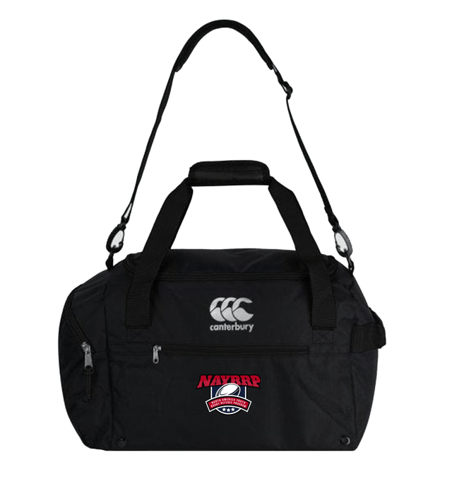 A NAYRRP Canterbury Medium Black Rugby Sportsbag with a rugby team logo on it.