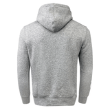 Back of long sleeve pullover gray hoodie.