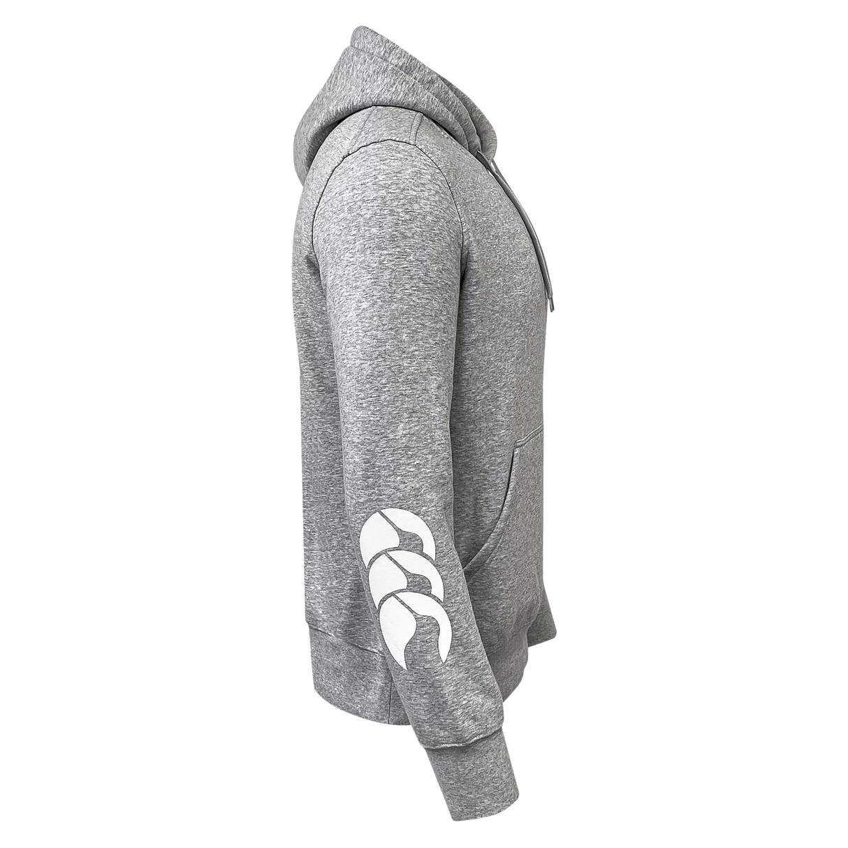 Side of pullover gray hoodie with long sleeves and CCC logo in white on lower right arm. 