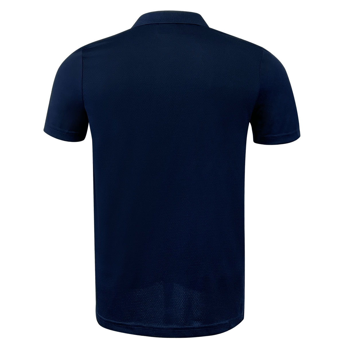 Back side of navy polo with short sleeves and collar.