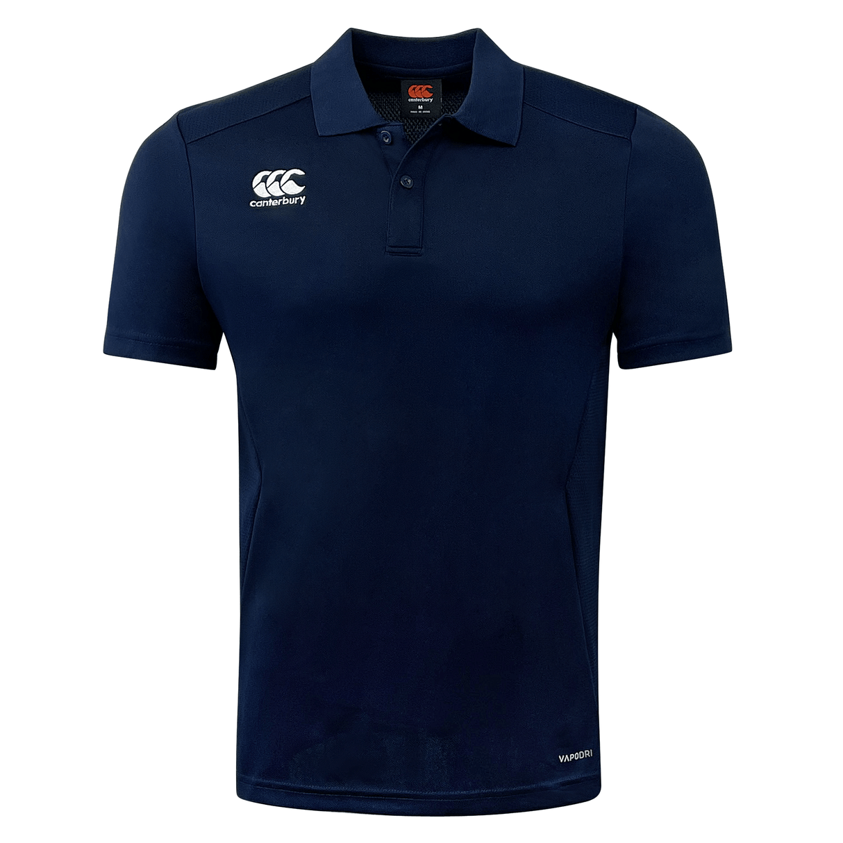 Navy two button collard shirt with short sleeves and CCC white logo on upper right chest.