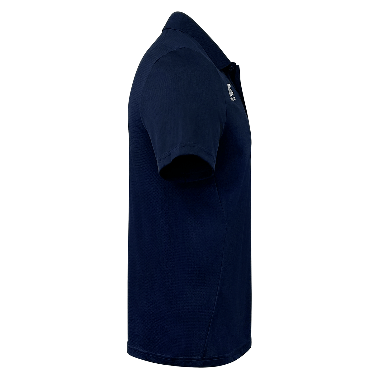 Side view of navy rugby polo with collar, two buttons, short sleeves and mesh side panel.