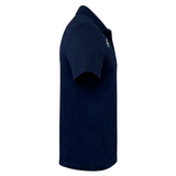 Side view of navy rugby polo with collar, two buttons, short sleeves and mesh side panel.