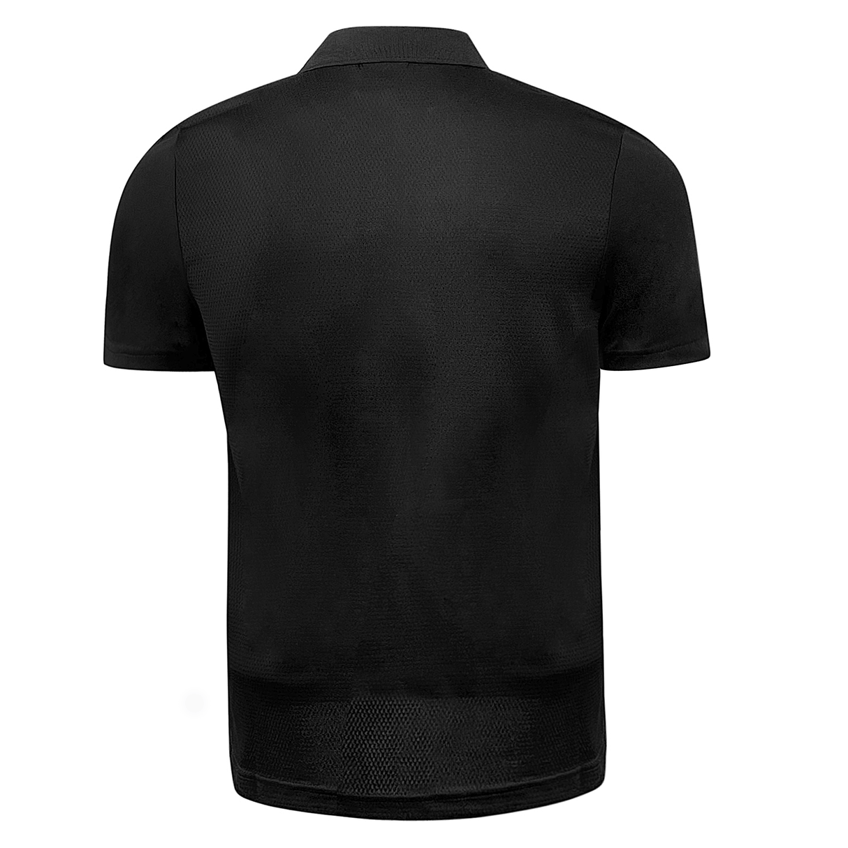 Back side of black polo with short sleeves and collar.