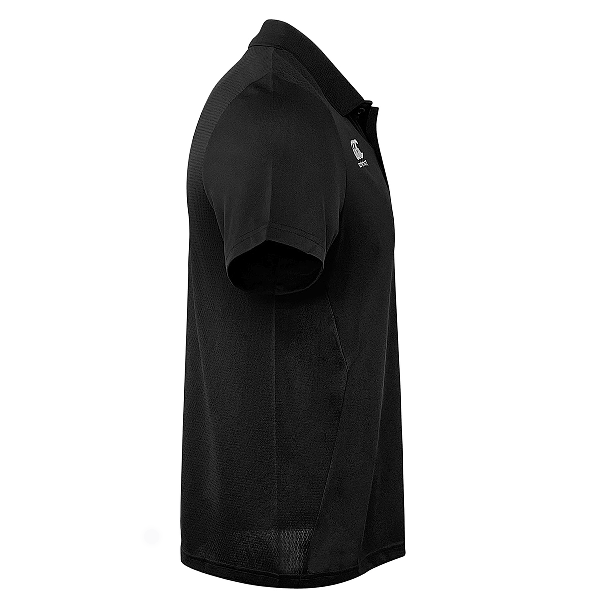 Side view of black rugby polo with collar, two buttons, short sleeves and mesh side panel. 