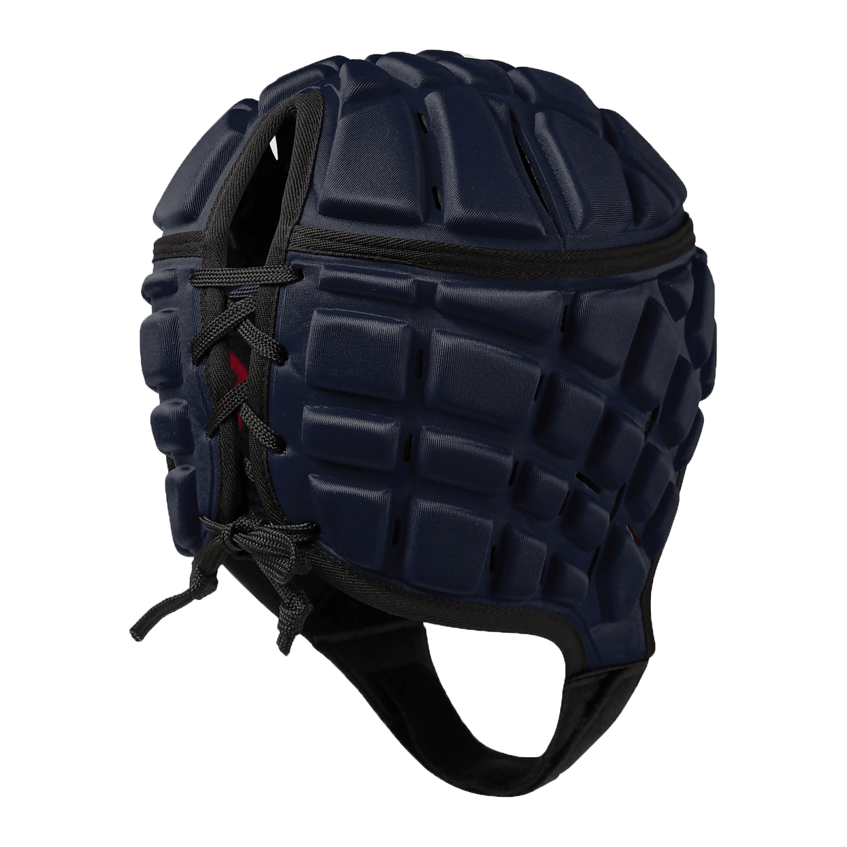 Back of navy padded scrum cap with adjustable lacing. 