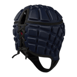 Back of navy padded scrum cap with adjustable lacing. 