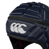 Navy padded scrum cap with white CCC logo on front and red CCC logo on lining inside.