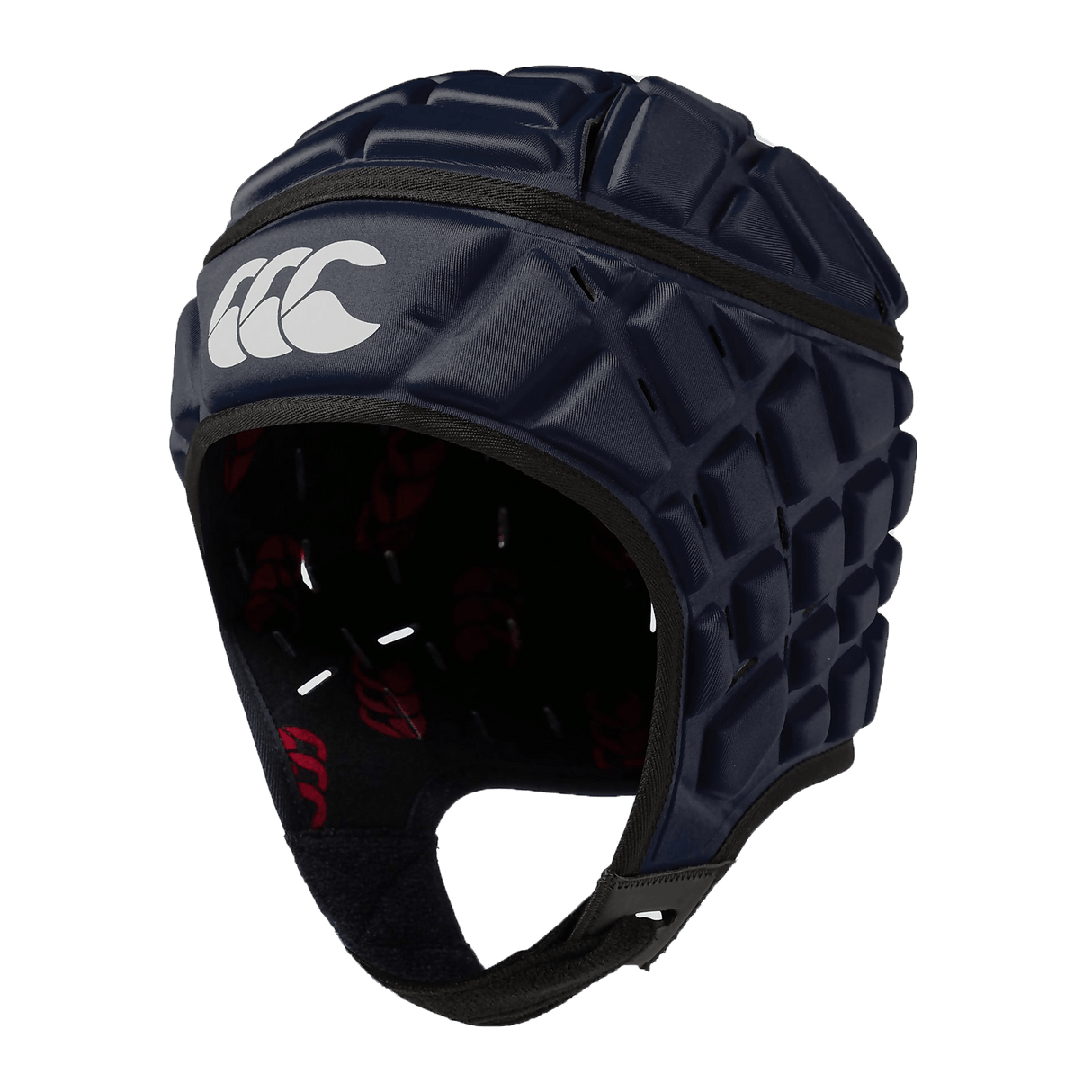 Navy padded scrum cap with white CCC logo on front center and red CCC logo on lining inside cap.