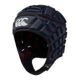 Navy padded scrum cap with white CCC logo on front center and red CCC logo on lining inside cap.