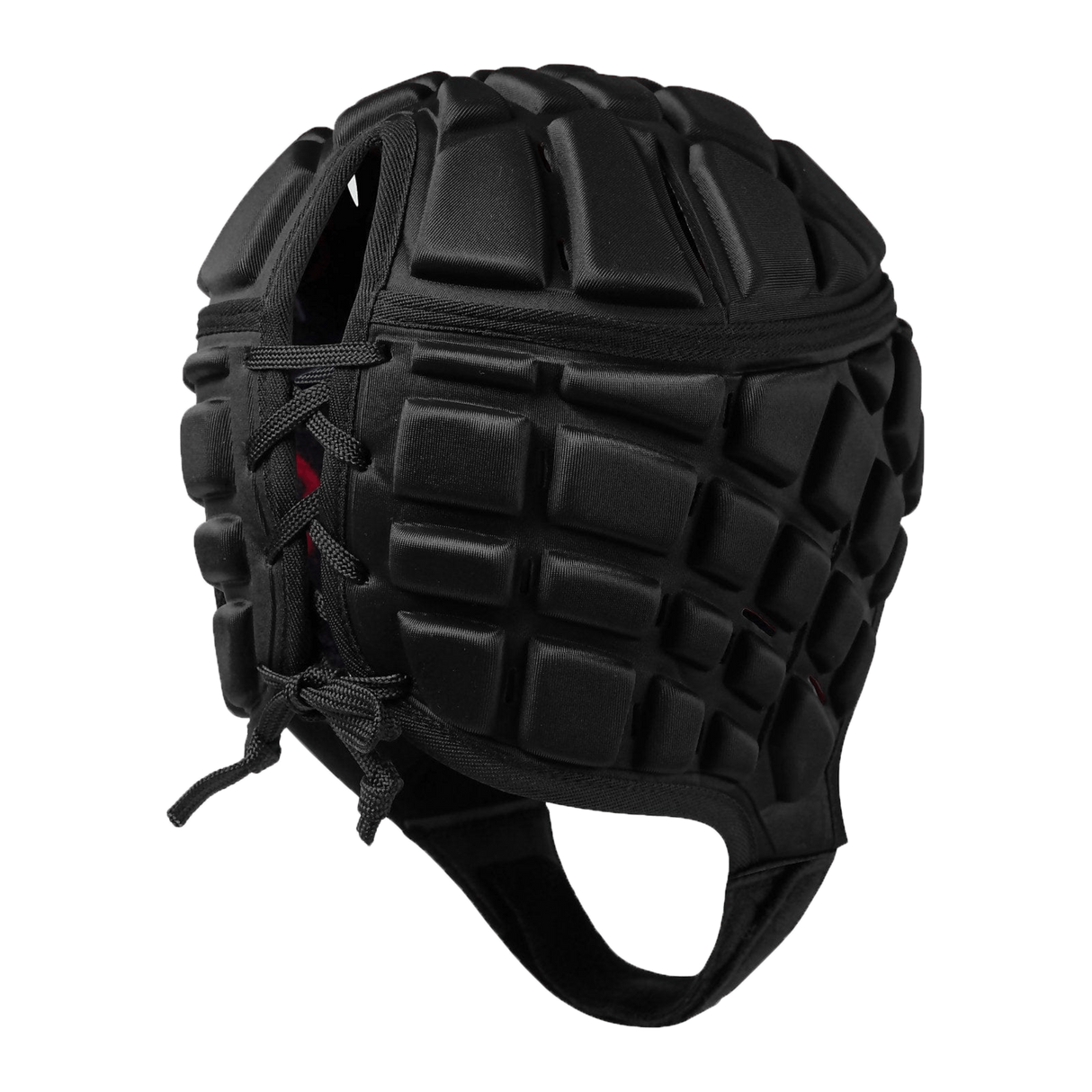 Back of black padded scrum cap with adjustable lacing. 
