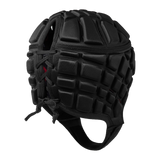 Back of black padded scrum cap with adjustable lacing. 