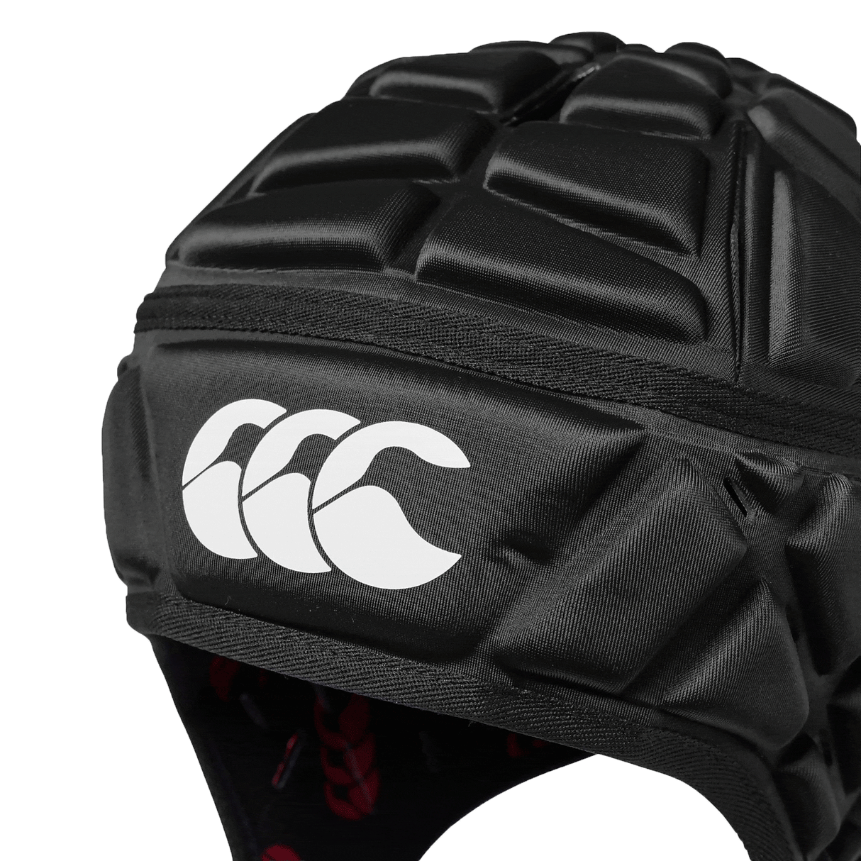 Black padded scrum cap with white CCC logo on front and red CCC logo on lining inside. 