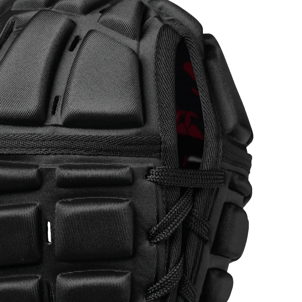 Black padded scrum cap with black lacing up the back and red CCC on lining inside.