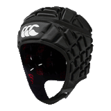 Black padded scrum cap with white CCC logo on front center and red CCC logo on lining inside cap.