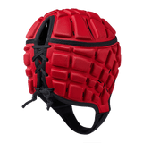 Back of red padded scrum cap with adjustable lacing. 