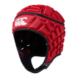 Red padded scrum cap with white CCC logo on front center and red CCC logo on lining inside cap.