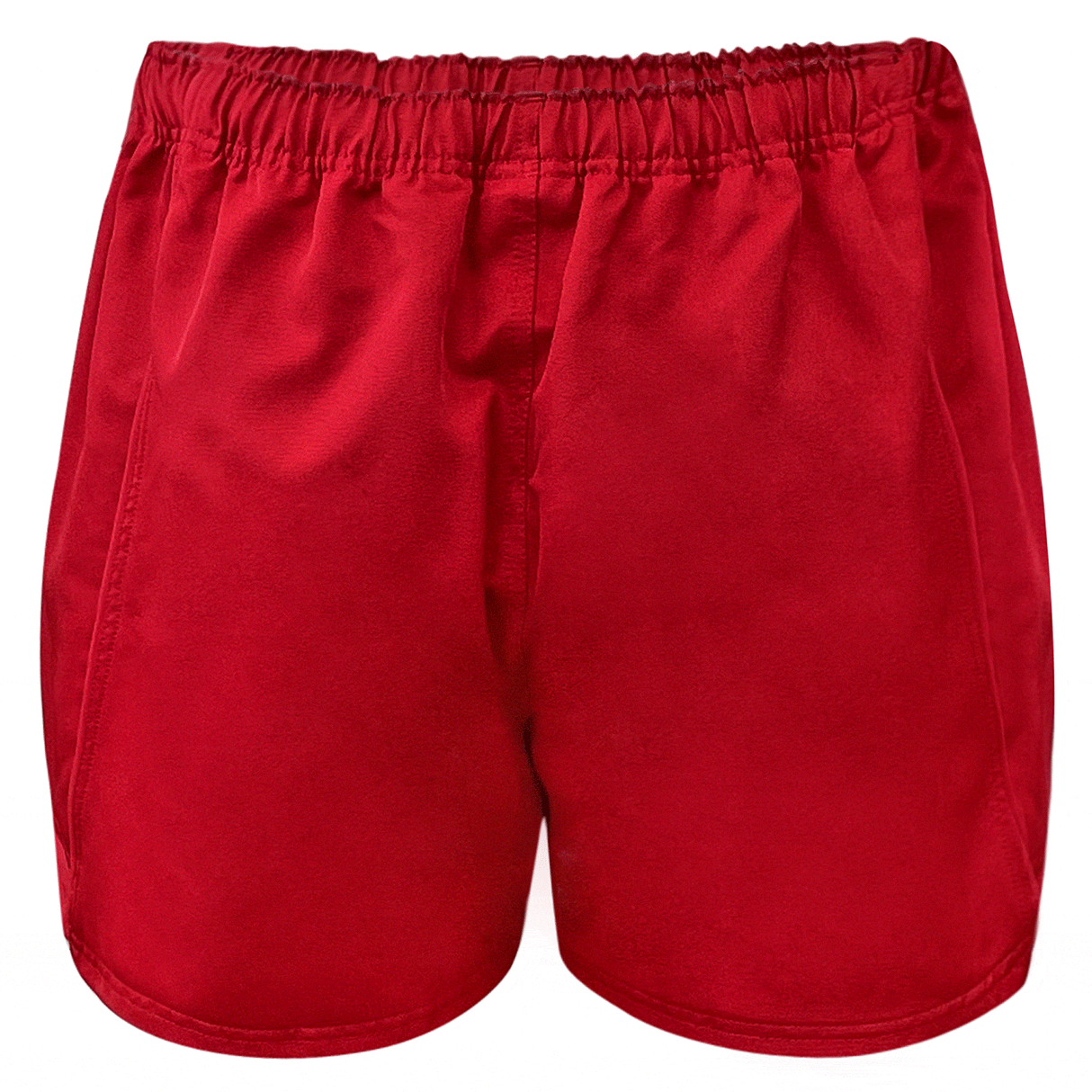 Red shorts with elastic waist.