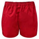 Red shorts with elastic waist.