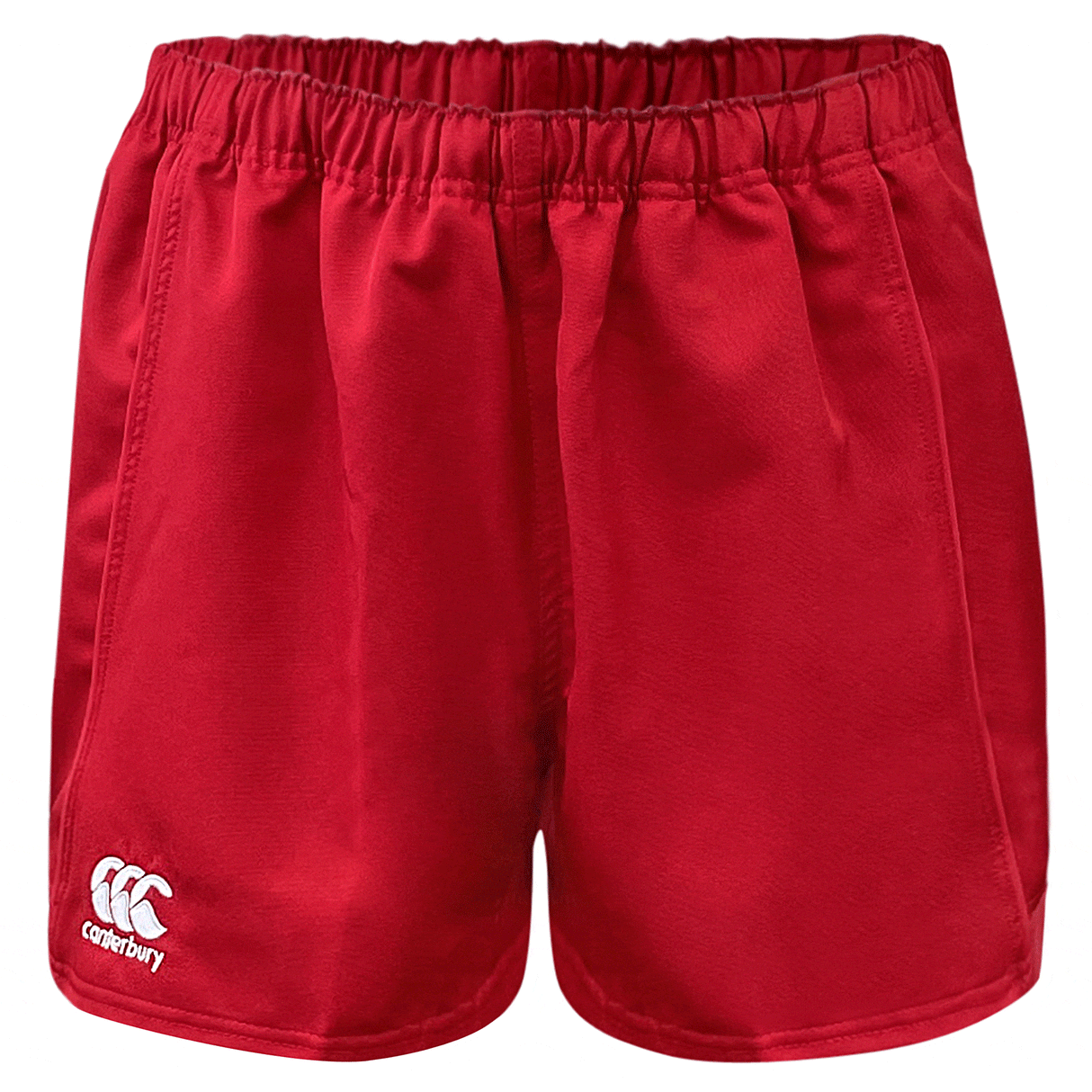 Red shorts elastic waist with white Canterbury logo on lower right leg.