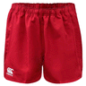 Red shorts elastic waist with white Canterbury logo on lower right leg.