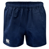 Navy shorts elastic waist with white Canterbury logo on lower right leg.