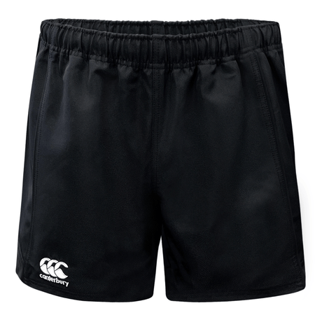 Black shorts elastic waist with white Canterbury logo on lower right leg.