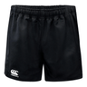 Black shorts elastic waist with white Canterbury logo on lower right leg.